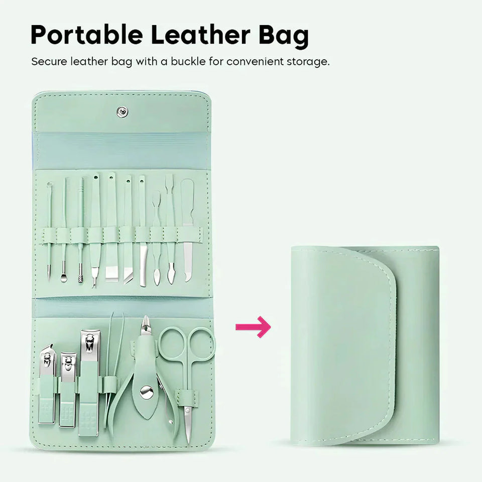 16 In 1 Portable Nail Care Kit With Leather Pouch 💼 (High-Quality)!